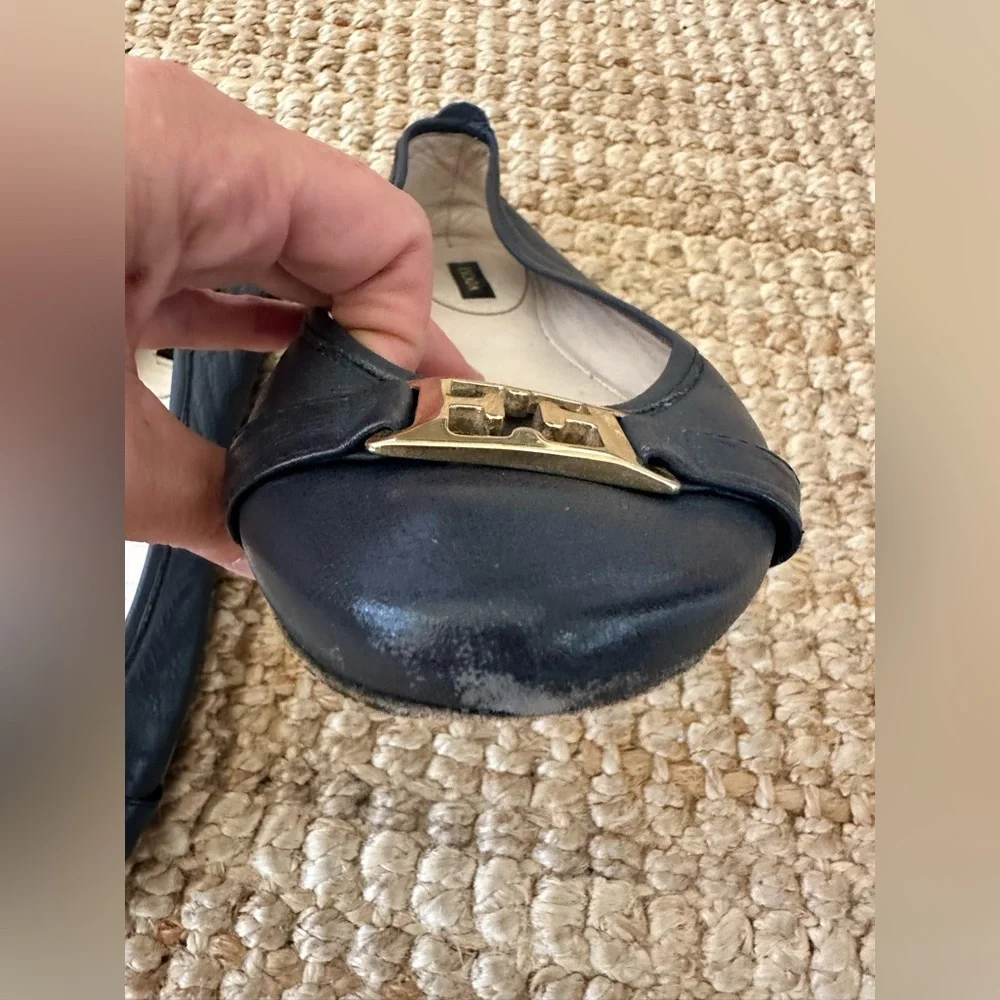 Escada Blue and Gold Flats with Elegant Gold Embellishment Size 39